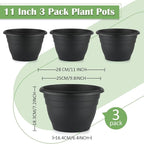 3 Pack 11 Inch Plant Pots,Plastic Flower Pots with Drainage Holes,Lightweight Durable Planters for Indoor Outdoor Plants,Modern Decorative Pots for Patio Garden(Black)
