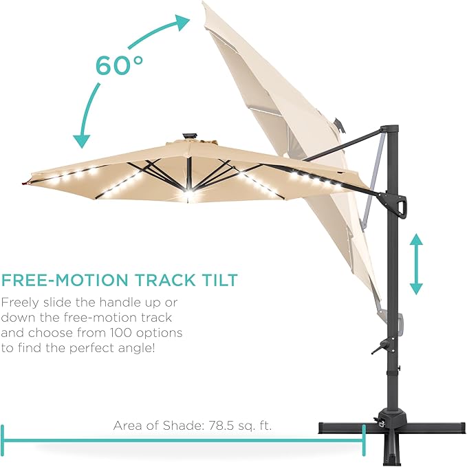 Best Choice Products 10ft Solar LED Cantilever Patio Umbrella, 360-Degree Rotation Hanging Offset Market Outdoor Sun Shade for Backyard, Deck, Poolside w/Lights, Easy Tilt, Cross Base