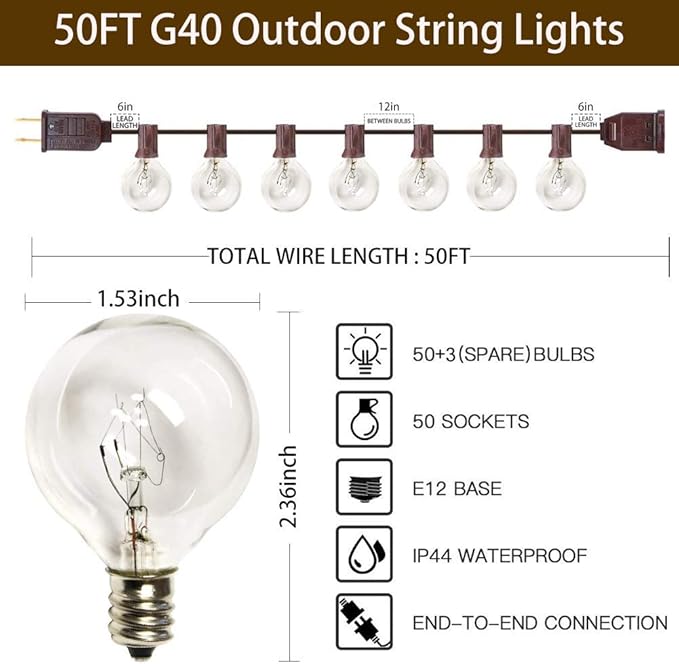 String Lights 50 ft Shatterproof LED Globe Bulbs, Warm White, 52 Count