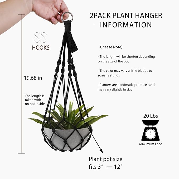 Artilady Black Plant Hanger Macrame Hanging Planter for Indoor Boho Plants Holder with Hooks Hanging Plant Basket Outdoor Window Wall Plants Home Decor (Black Macrame-2pcs)