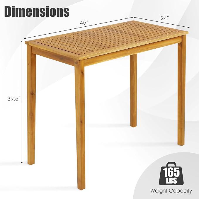 Bar Table, 45-Inch Rectangular Acacia Wood Outdoor Table, Teak Finish