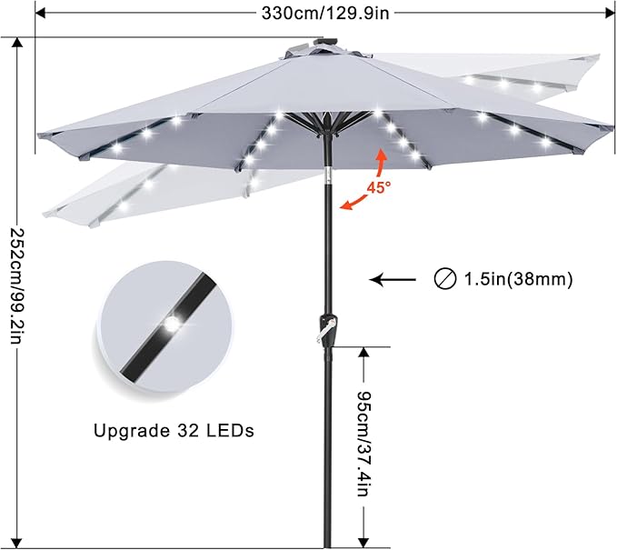 ABCCANOPY Durable Solar Led Patio Umbrellas with 32LED Lights 11FT (Grey)