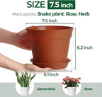 T4U 7.5 Inch Plant Pots 6 Pcs, Flower Pots for Plants, Plastic Planter Pots for Indoor Plants with Drainage Holes and Saucer (6 Pcs, 7.5")