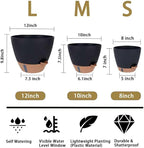 Self-Watering Plant Pots for Indoor Plants: 8/10/12 Inch Large Plastic Planter with Water Level Indicator, Drainage Holes & Deep Reservoir, Modern Decorative Flower Pot (Black)