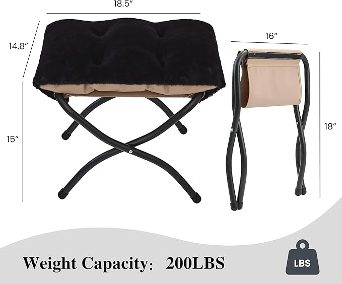 15"(H) Folding Ottoman, Foldable Footrest Stool, Portable Small Foot Stool for Couch, Collapsible Foot Rest Ottoman for Sofa, Accent Padded Ottomans for Living Room, Bedroom, Black