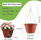 Hanging Planters 10 Inch, 4 Pcs Flower Pots with Drainage Hole, Self Watering Hanging Basket for Indoor Outdoor Plants, Decor, Pottery Red
