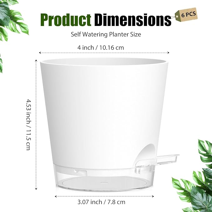 Plant Pots 4 Inch Self Watering Pots,6 Pack Plastic Planters with Drainage Holes and Clear Saucers,Plastic Flower Pots,Nursery Planting Pot for Indoor Out Door Plants (White)
