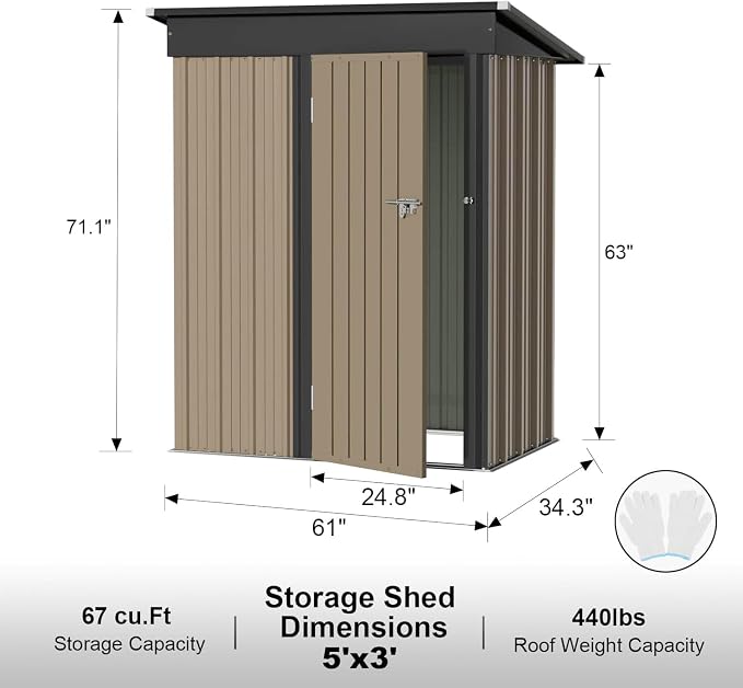 Storage Shed with Lockable Door, Galvanized Steel, 5x3 FT, Brown