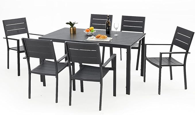 AECOJOY 60" Outdoor Dining Table, Aluminum Patio Table with Wood-Plastic Composite Tabletop,6 Seater Dining Table for Backyard Garden