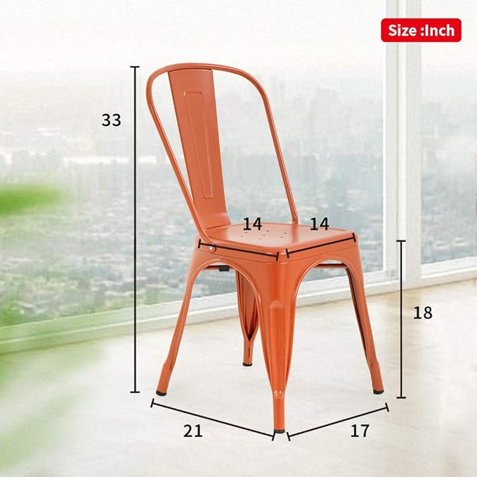 Set of 4 Metal Dining Chairs, Orange