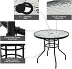 Tangkula 32" Round Outdoor Table with Tempered Glass Top, Patio Dining Table with Umbrella Hole & Metal Frame, Outside Bistro Table for Backyard, Lawn, Deck & Poolside