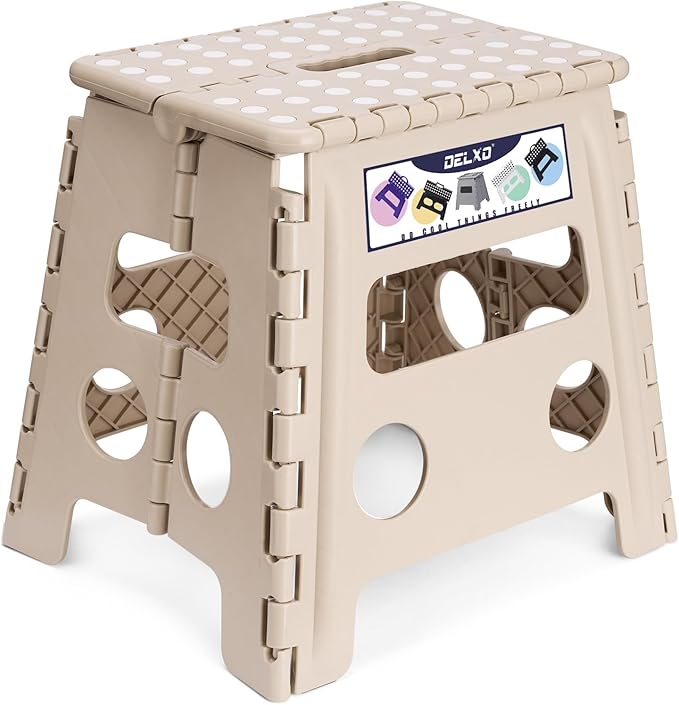 Delxo Office Step Stool, 13 inch Non-Slip Foldable Stools for Adults Up to 300 LBS, Step Stool with Handle, Lightweight for Kitchen, Bathroom, Bedroom, Office, Khaki, 1PC