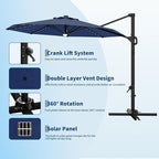 Garvee 10 ft Cantilever Patio Umbrella with Solar Lights, 360° Rotation Offset Umbrella, Easy Crank & Tilt Adjustment, UV Protection for Backyard, Poolside, Deck -Navy Blue