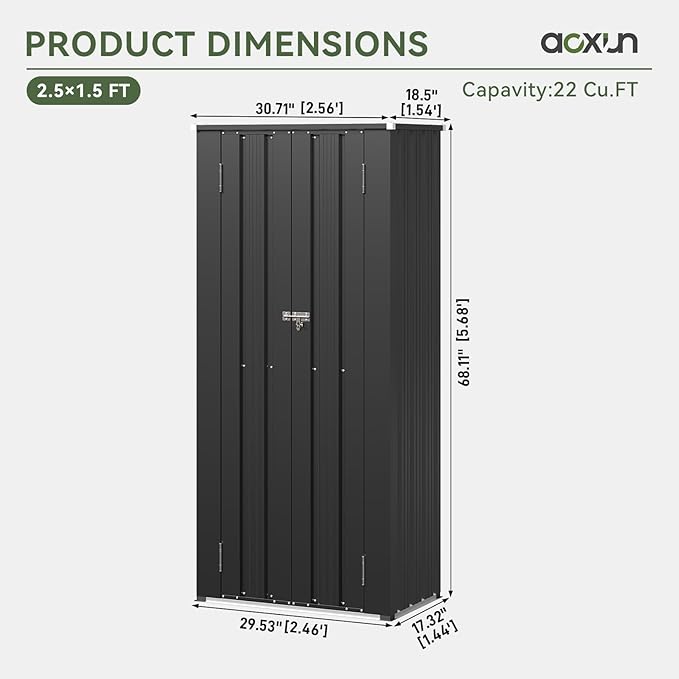 Aoxun 2.5’x1.5’ Outdoor Storage Cabinet, Outdoor Metal Storage Shed with 2 Adjustable Shelves & Lockable Doors, Vertical Tool Shed for Patio Garden, Garage, Porch, Black