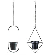 Modern Hanging Planters for Indoor Plants, Metal Plant Hanger with 5 inch Flower Pot, Set of 2 Black Plant Holder in Diamond and Oval Shape, Small Wall and Ceiling Hanging Pot for Outdoor Plants