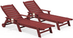 SERWALL Patio Chaise Lounge Chair Set of 2, 78'' Long 5-Positions Adjustable HDPE Outdoor Lounger for Pool, Poly Lounge Chair with Rolling Wheels & Cup Holder for Poolside, Deck, Dark Red