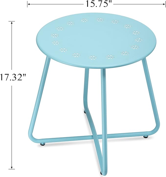 danpinera Outdoor Side Tables with Flower Cut Outs, Weather Resistant Steel Patio Side Table, Small Round Outdoor End Table Metal Side Table for Patio Yard Balcony Garden Blue