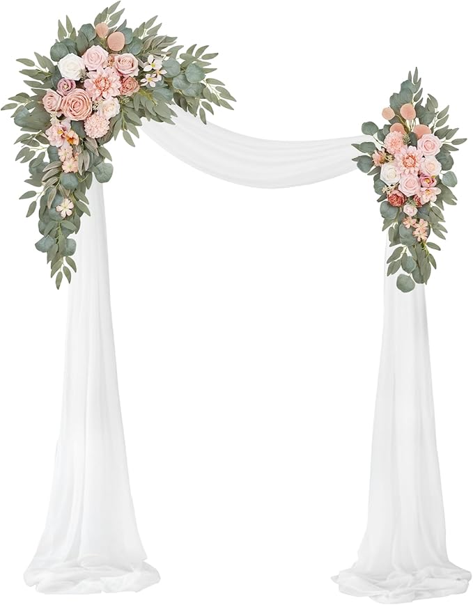 Artificial Flowers Wedding Arch Swag Kit, Pink with White Chiffon Drape