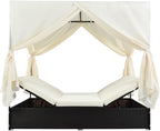 Patio Chaise Lounge, PE Rattan Outdoor Patio Wicker Sunbed Daybed with Adjustable Seats, Four-sided Canopy, Overhead Curtain and Beige Cushions for Backyard, Garden, Poolside (for 2-6 people)
