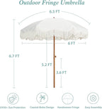 AMMSUN Boho Fringe Umbrella Outdoor Patio, 6.5ft UPF50+ Picnic Umbrella with Tassels with Steel Pole and Push Button Tilt, Antique White