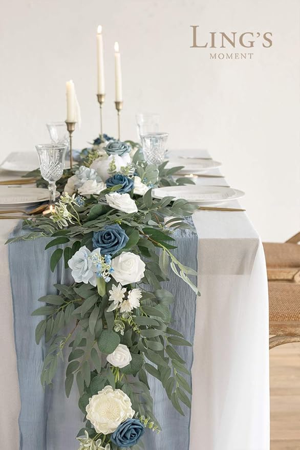 Artificial Flowers Garland, 6 Ft Dusty Blue Rose and Eucalyptus Vine