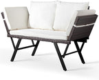VINGLI Outdoor Loveseat, Woven Rattan Outdoor Sofa with Adjustable Armrests, Patio Loveseat with Removable Cushions and Pillows, Convertible Patio Couch for Yard Pool Balcony