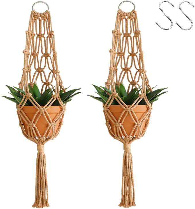 Artilady Hanging Planter for Indoor Plants Macrame Plant Hanger Large Hanging Plant Holder Brown Plants Basket White Rope Boho Original Wall Decor (Brown Plant Hanger-2pcs)