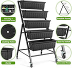 SEJOV 4FT Vertical Raised Garden Bed, 5-Tier Vertical Garden Planter with Drainage System, Larger Elevated Planter Box for Herb Vegetables Flowers Indoor Outdoor Planters (Black with Lockable Wheels)