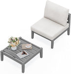 SERWALL HDPE Patio Furniture Set, 2 Pieces Outdoor Sectional Sofa Set, All-Weather Wood-Like Outdoor Sofa Couch with Coffee Table for Deck, Lawn, Grey Frame with Khaki Cushion