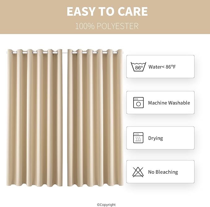 Waterproof Outdoor Curtain W84 x L120 - Grommet Top Sunlight Blocking Window Treatment Drapes Blackout Curtains for Home Bedroom Living Room Patio Porch Pergola Cabana (Beige, 2 Panels)