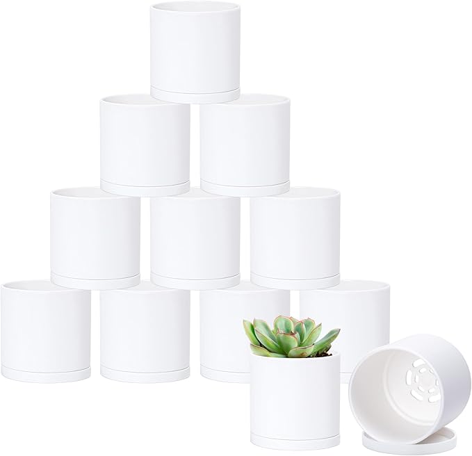 Planter Pots 12 Pack, 3 Inch Matte White Plastic with Saucers
