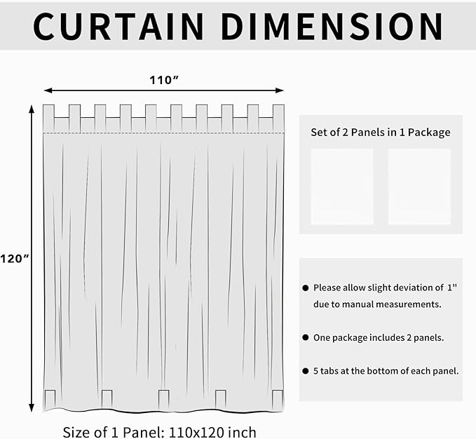 Easy-Going Outdoor Patio Curtains Detachable Tab Top Windproof Weatherproof Curtain for Cabana, Porch, Pergola and Gazebo, Tab Bottom Drape, 2 Panels, 110W x 120L inch, White