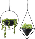 Metal Hanging Planters, Modern Plant Hanger with Pots, Set of 2 Black Plant Holders in Diamond and Round Shape, Small Wall and Ceiling Planter for Indoor Plants, Home Décor- Black