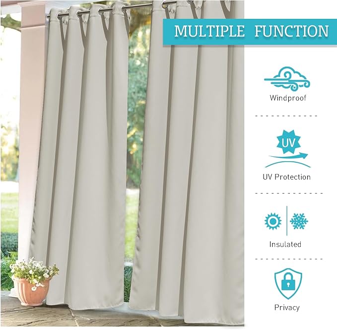 RYB HOME Outdoor Curtains for Patio Waterproof Block Sunlight Thermal Insulated Privacy Assured Thick Outside Curtains for Porch, Gazebo, Pergola, W84" x L84", Natural, 1 Panel