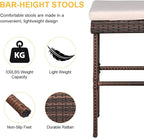 Outvita Wicker Patio Outdoor Bar Set with Glass Top Table and Two Cushioned Stools Brown Backyard Furniture Poolside, Garden, Porches