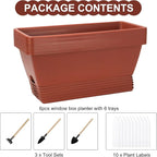 Window Box Planter, 6 Packs 17 Inches Rectangle Planters Box with Drainage Holes and Trays, Vegetable Planters for Windowsill Patio Garden Home Decor Porch Yard Red