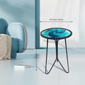 Side Table, 12 Inch Round Metal Patio Table in Blue Glass