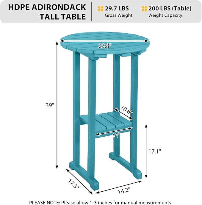 Bar Table, 39 Inch Round HDPE Outdoor Counter Table in Teal