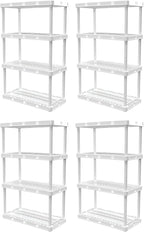 Gracious Living 4 Pack Light Duty Storage Shelves, Knect-A-Shelf 4-Shelf Ventilated Shelving Rack Organizer for Home, Garage, Basement & Laundry, White