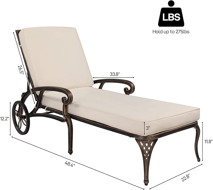 VINGLI Cast Aluminum Outdoor Chaise Lounge Chair with Wheels, Patio Chaise Lounge with 3-Position Adjustable Backrest, Tanning Chair Reclining Chair for Poolside (Bronze, with Cushion)