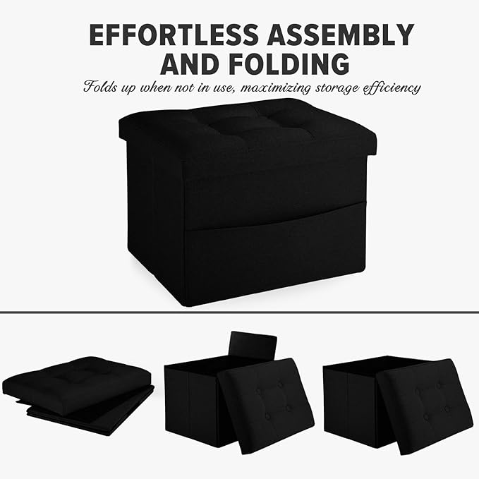 LINMAGCO Storage Ottoman Folding Foot Stool Foot Rest with Side Pocket Modern Ottoman with Storage Short Sofa Stool Linen Cloth 17x13x13(Black)