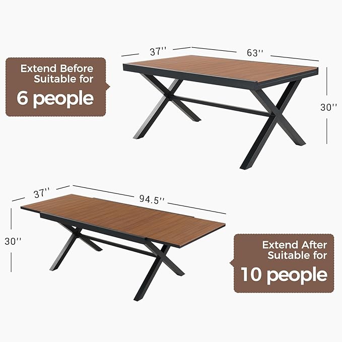 Grand patio 7-Piece Outdoor Dining Set, 6 Leather-Look Wicker Swivel Patio Chairs & 1 Extendable Rectangular Dining Table, Brown
