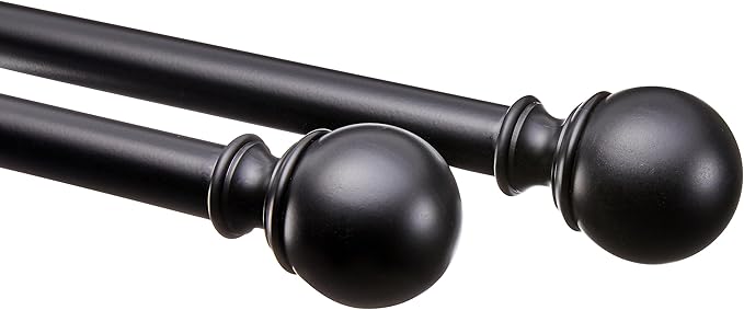 Amazon Basics Adjustable Curtain Rod for Windows, Round Finials, Easy Installation, Sturdy, 1-Inch Rod, 36" to 72", Black, 2-Pack