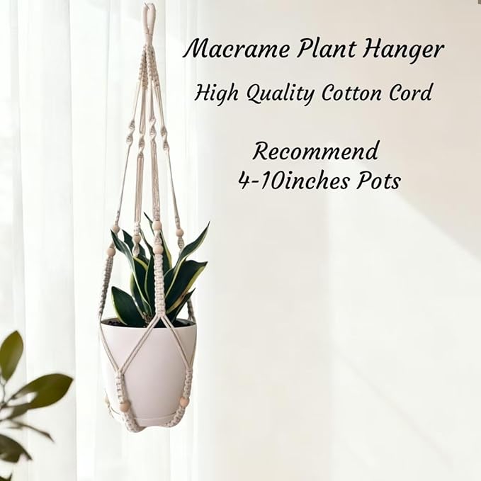 Macrame Plant Hanger for 4-12 Inch Pot Indoor Crochet Hanging Plant Holder Outdoor Boho Home Decor Basket wall Window Rope White Large Long (Ivory)