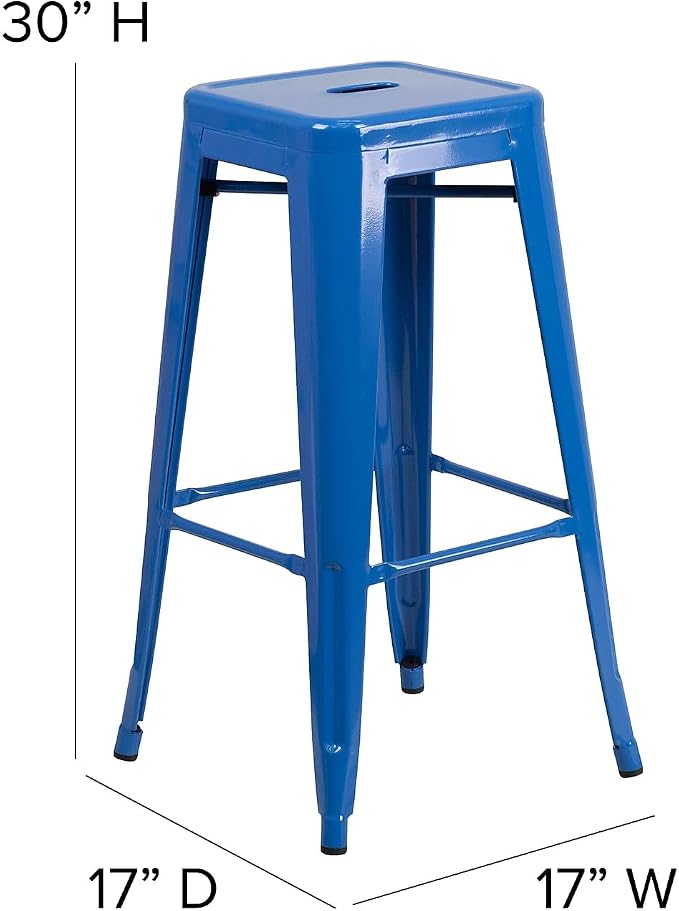 Bar Stool 30 Inch Backless Blue Metal Indoor-Outdoor Square Seat