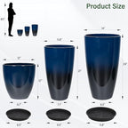 24/21/12 Inch Large Plastic Planter, Lightweight Ceramic-Look Tall Planters with Drain Hole & Saucers, Tall Plastic Planters for Porch, Garden, Patio, Balcony(Dark Blue)