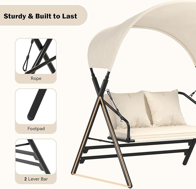 Porch Swing for Adults, 2-Seat Beige Patio Swing with Canopy