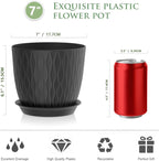 7 inch Plant Pots, 5 Pack Flower Pots with Drainage Holes and Saucers for Indoor Plants, Plastic Planters with Water Ripple for Small Garden House Plants, Nursery Pots for Succulent, Black