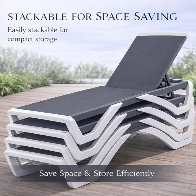 Kozyard Outdoor Chaise Lounge Chair, Full Flat Adjustable Patio Lounger with Aluminum Frame & Resin Legs, Textilene Fabric for Poolside, Backyard & Beach (Gray Without Table)