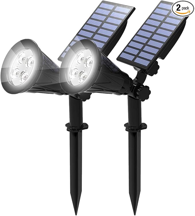 T-SUN Solar Spotlights Outdoor, 2 Pack White LED Landscape Lights, Waterproof Solar Powered Light with Auto On/Off, Adjustable Wall Lights for Yard, Garden, Patio, Driveway, Pool